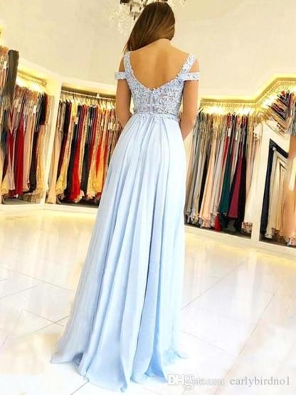 Elegant Sky Blue Long A-line Chiffon Appliques Lace Prom Dresses with Side Slit - YESBABYONLINE