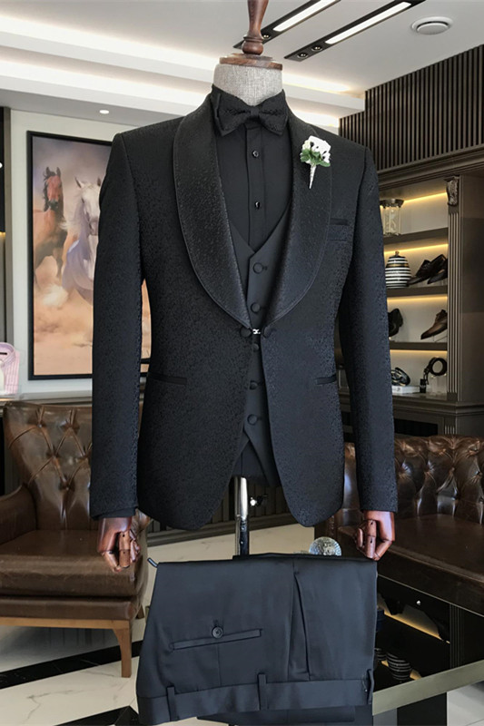 Black Three Pieces Jacquard Shawl Lapel Wedding Men Suit