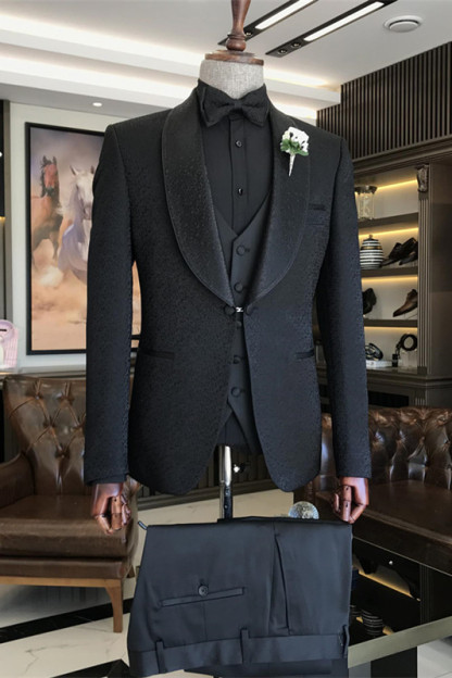 Black Three Pieces Jacquard Shawl Lapel Wedding Men Suit