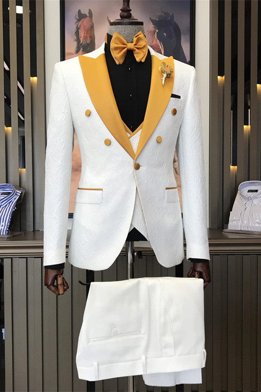 White Three Pieces Jacquard Peaked Lapel Wedding Men Suit