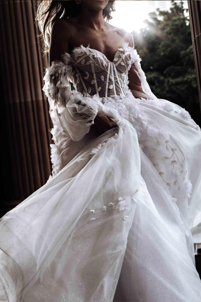 A-line Off the Shoulder Floor Length Tulle Wedding Dresses With Long Sleeves - YESBABYONLINE