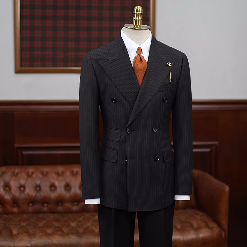 Bespoke Black Striped Peaked Lapel Double Breasted Business Suits