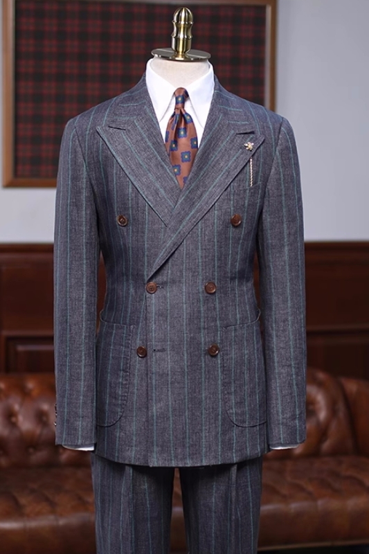 Generous Dark Gray Striped Peaked Lapel Double Breasted Business Suits