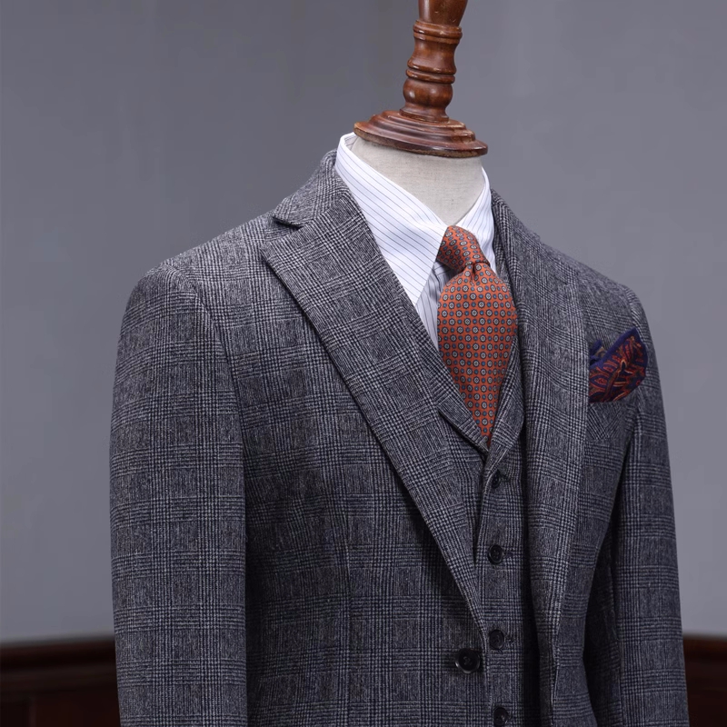 Generous Dark Gray Notched Lapel Plaid Business Suits