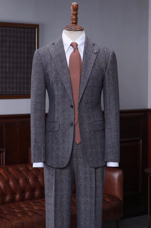 Generous Dark Gray Notched Lapel Plaid Business Suits