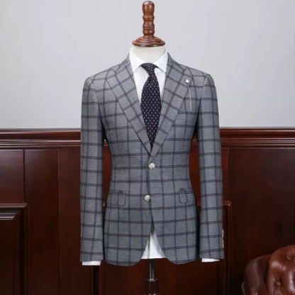 Chic Gray Plaid Notched Lapel Business Suits For Men