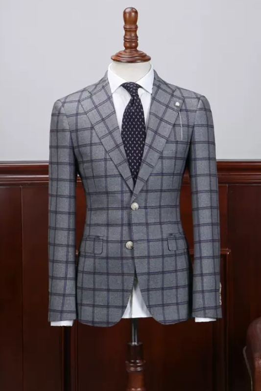 Chic Gray Plaid Notched Lapel Business Suits For Men