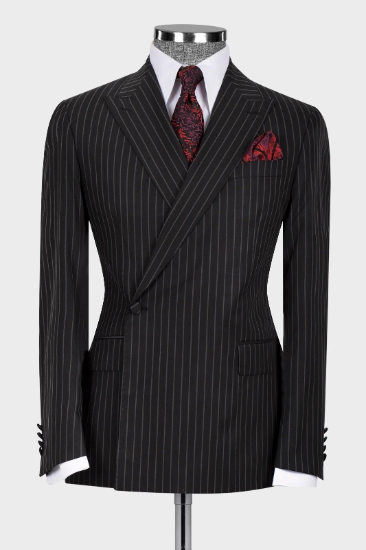Formal Black Striped Peaked Lapel Bespoke Business Suits
