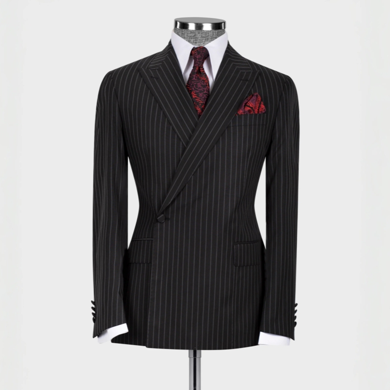 Formal Black Striped Peaked Lapel Bespoke Business Suits