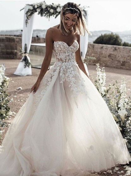 Long A-line Sweetheart Lace Tulle Wedding Dresses - YESBABYONLINE