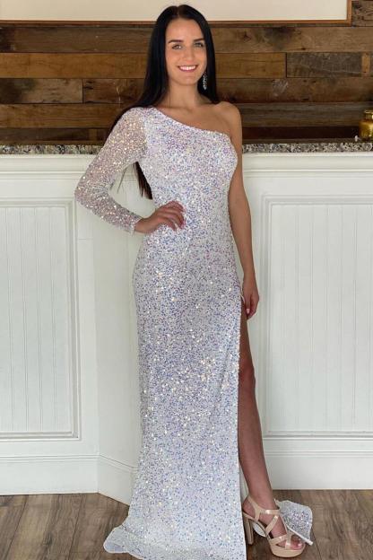 Sparkly Blue Sequind Long Sleeve Prom Dress