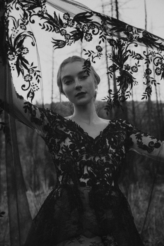 Glamorous Black Long A-line V Neck Tulle Lace Wedding Dresses With Sleeves - YESBABYONLINE