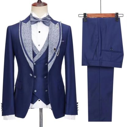 Dark Blue Bespoke Peaked Lapel Three Pieces Wedding Suits