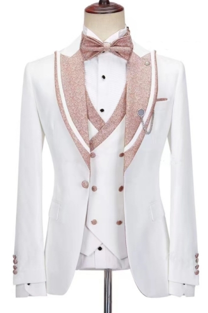 White Slim Fit Peaked Lapel Three Pieces Wedding Suits