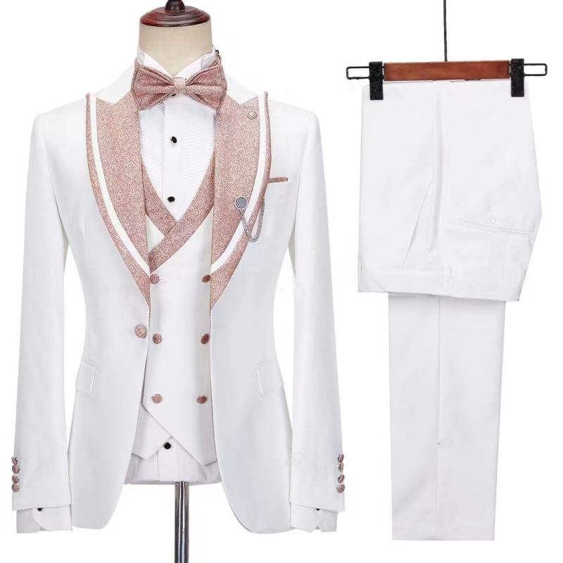 White Slim Fit Peaked Lapel Three Pieces Wedding Suits