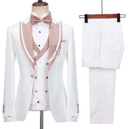 White Slim Fit Peaked Lapel Three Pieces Wedding Suits