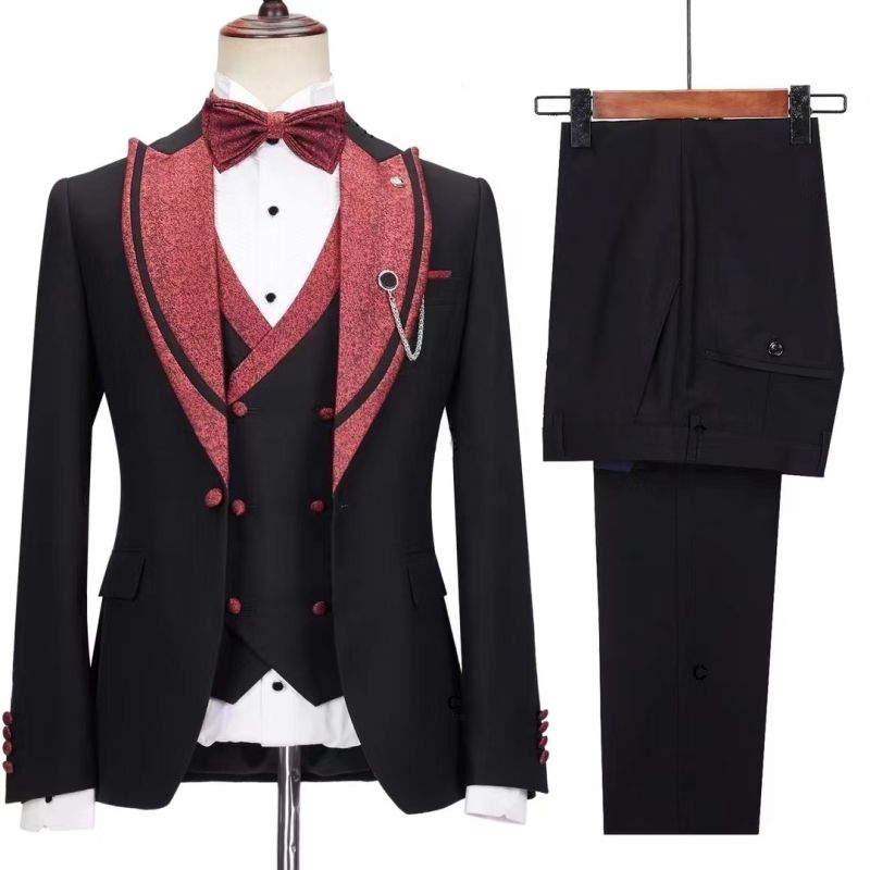 Black Close Fitting Peaked Lapel Three Pieces Wedding Suits