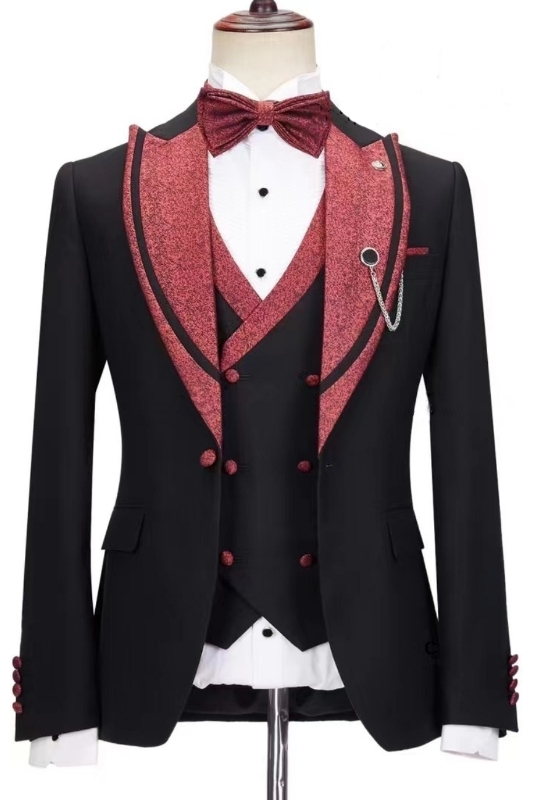 Black Close Fitting Peaked Lapel Three Pieces Wedding Suits