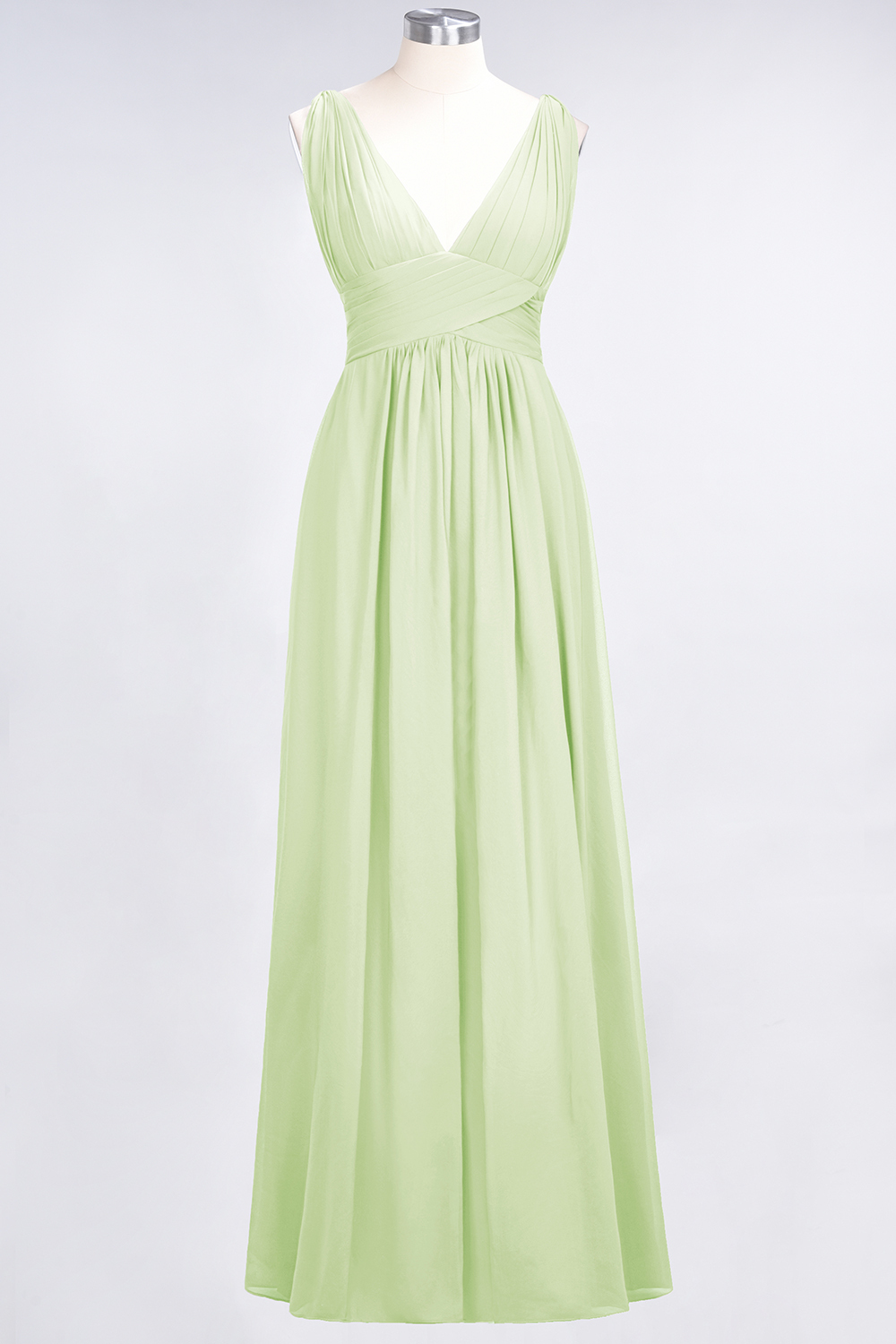 Long A Line V Neck Sleeveless Floor Length Bridesmaid Dress with Ruffle - YESBABYONLINE