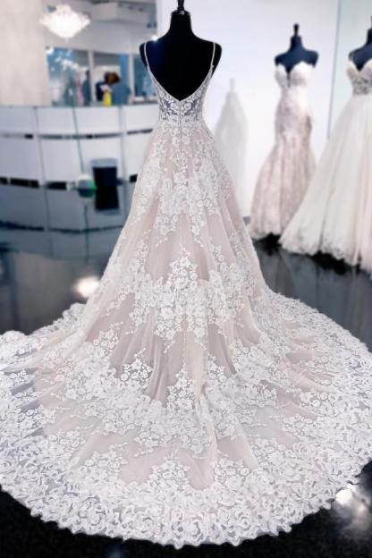 Long Spaghetti Strap A-Line Sleeveless Wedding Dresses with Appliques Lace - YESBABYONLINE