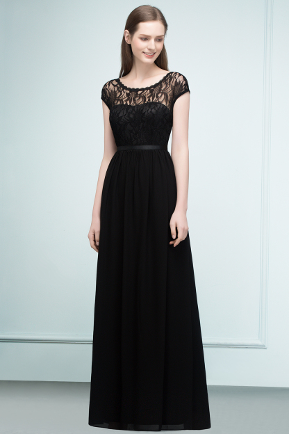 Long A Line Lace Floor Length Chiffon Bridesmaid Dresses - YESBABYONLINE