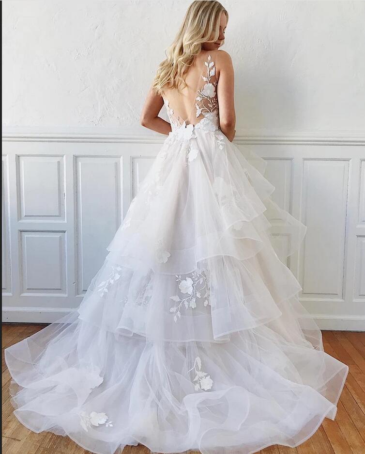 White Long A-Line Sleeveless Tulle Ruffles Backless Wedding Dresses With Lace Appliques - YESBABYONLINE