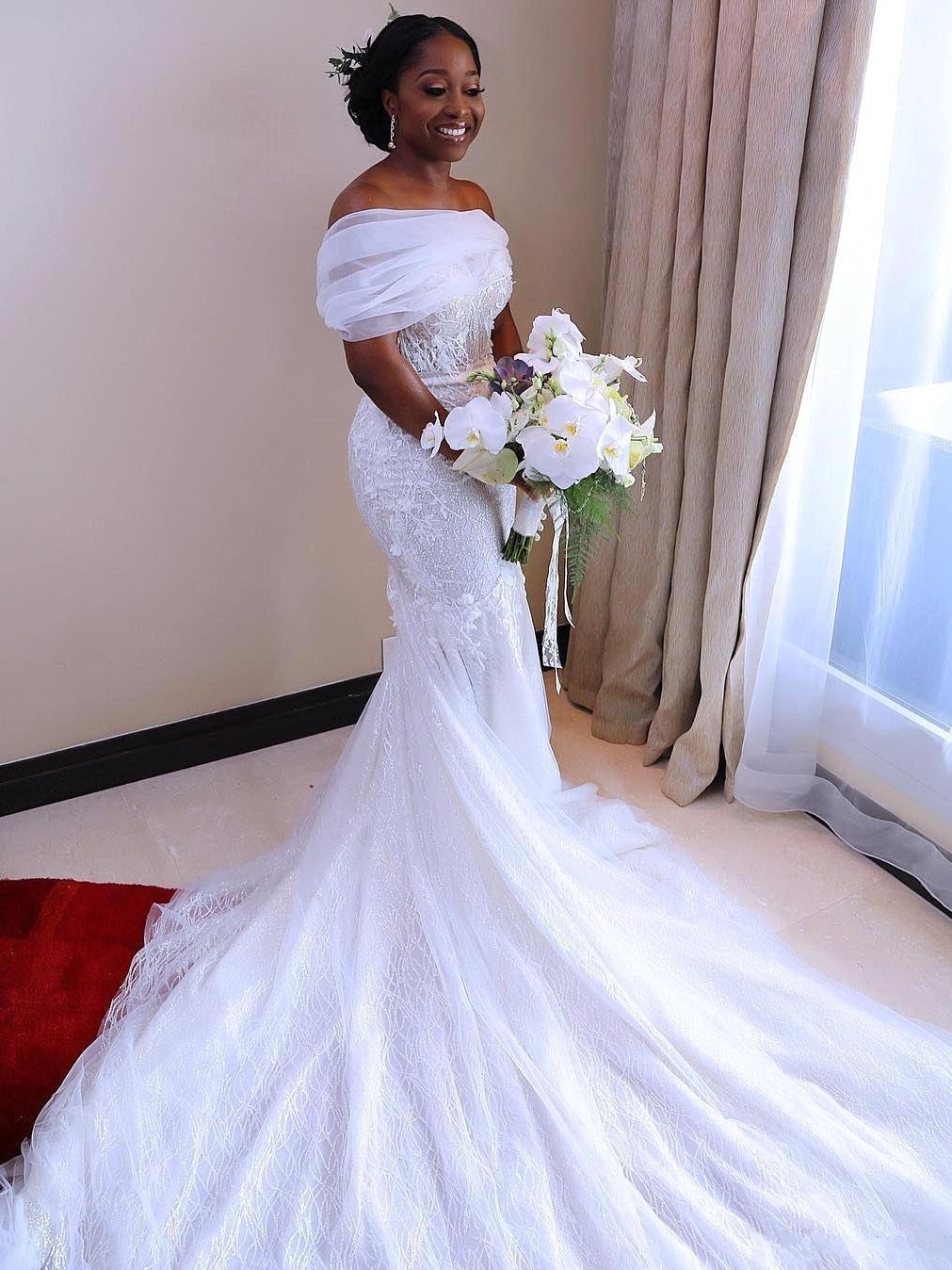 Glamorous White Long Off the Shoulder Mermaid Tulle Wedding Dresses - YESBABYONLINE