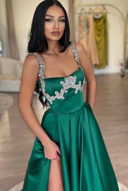 Spaghetti Straps A Line Split Front Satin Floor Length Prom Dress