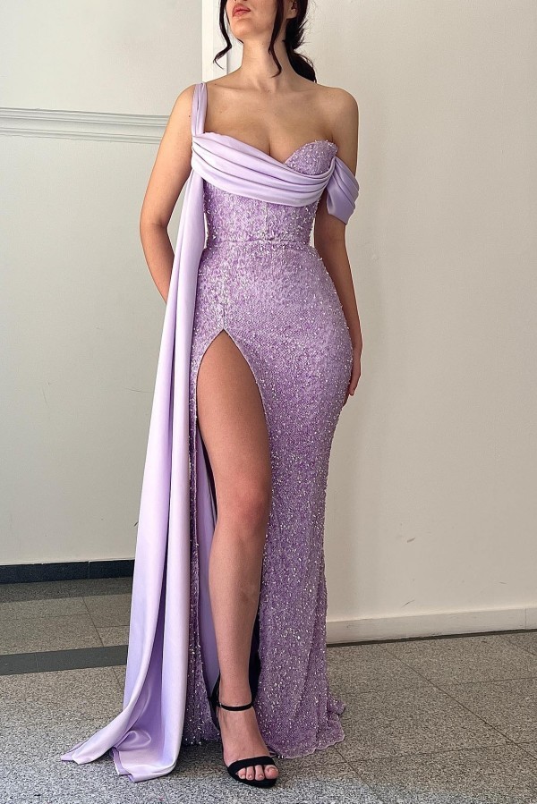 Long Mermaid Off the Shoulder Glitter Formal Prom Dresses with Slit - YESBABYONLINE