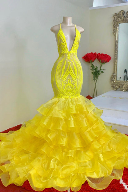 Spaghetti Straps Deep V-neck Appliques Cascading Ruffles Mermaid Prom Dress - YESBABYONLINE