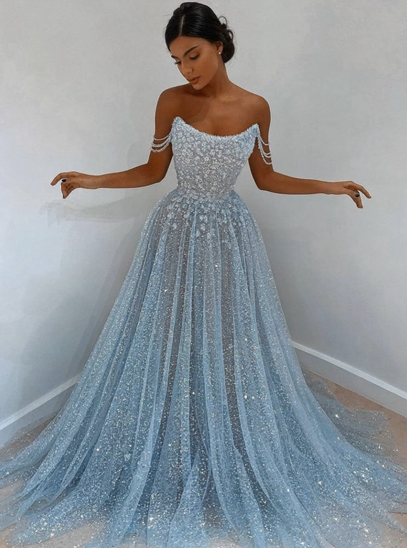 Sparkly Long A-line Sweetheart Sleeveless Sequined Evening Party Dress