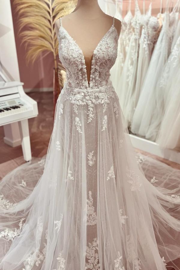 Gorgeous Long V-Neck Spaghetti Straps Sleeveless A-Line Tulle Wedding Dresses - YESBABYONLINE