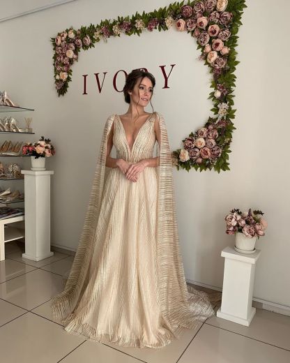Champagne Long A-Line Straps V Neck Sleeveless Backless Tulle Shawl Wedding Dresses - YESBABYONLINE