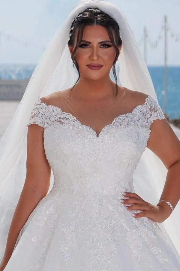 Elegant Long Off the Shoulder Sleeveless Tulle Ball Gown Wedding Dress with Appliques - YESBABYONLINE