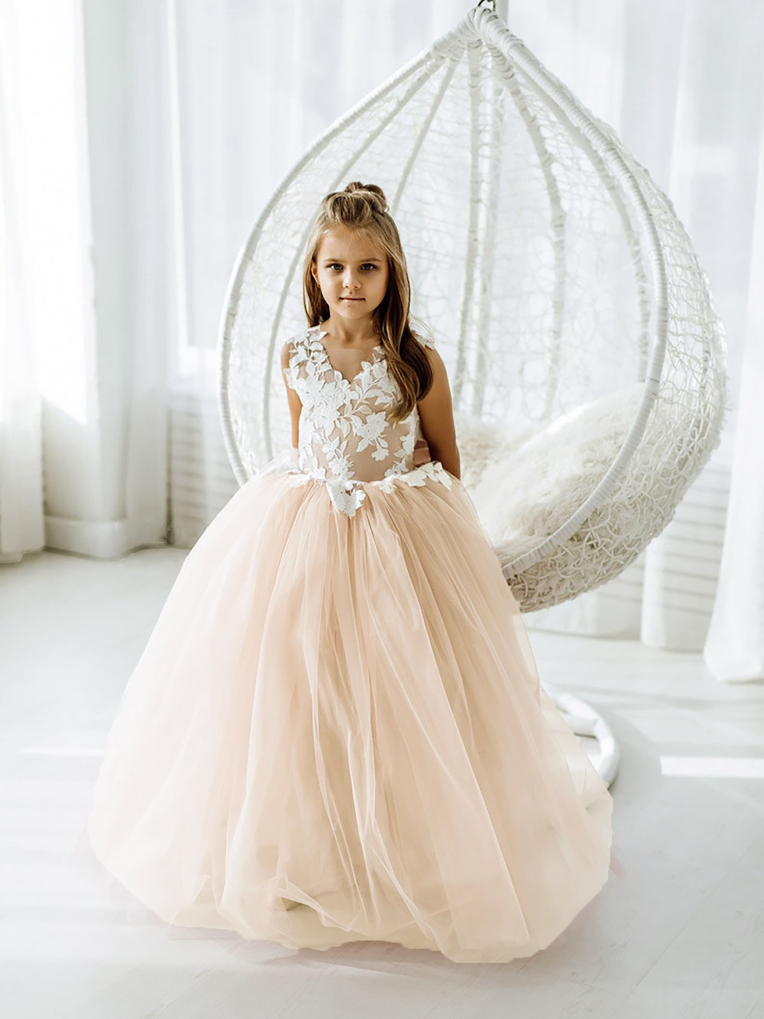 Cute Long Ball Gown Lace Sleeveless Tulle Flower Girl Dress with Bow - YESBABYONLINE