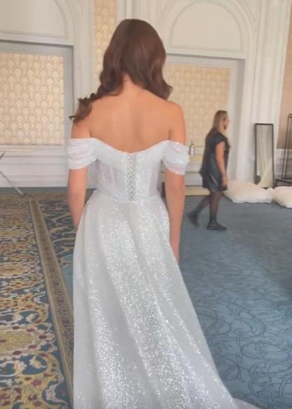 Sparkly Long Mermaid Off The Shoulder Sequins Wedding Dress With Detachable Train