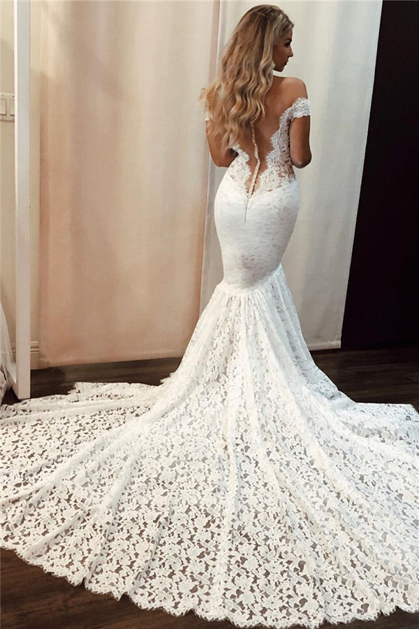 Long Mermaid Lace Off-the-Shoulder Backless Wedding Dresses - YESBABYONLINE