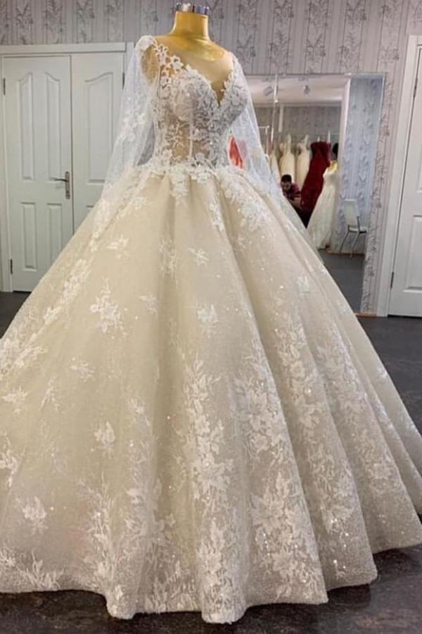Long Sleeves Ball Gow Sweetheart Tulle Lace Wedding Dress - YESBABYONLINE