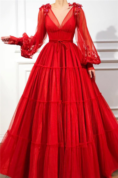 Chic Red Long A-line V Neck Tulle Formal Prom Dress with Sleeves - YESBABYONLINE