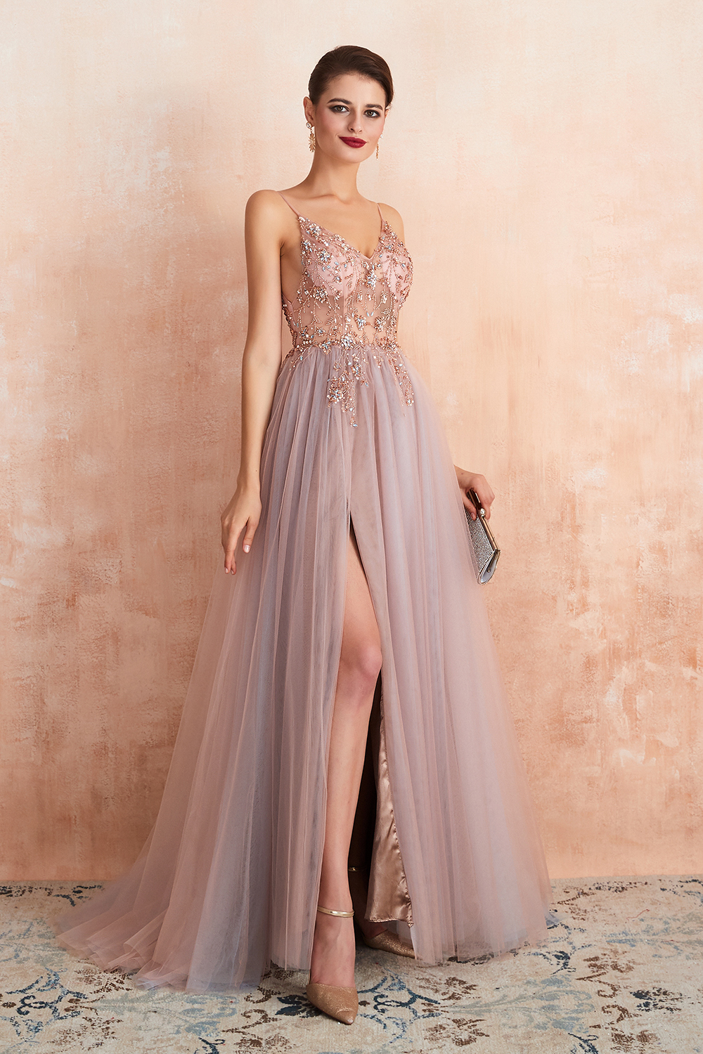 Long A-line Spaghetti Straps V-neck Tulle Backless Prom Dresses with Side Slit - YESBABYONLINE