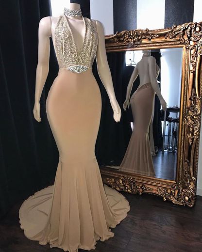 Champagne Long Mermaid Halter Sleeveless Backless Formal Prom Dresses - YESBABYONLINE