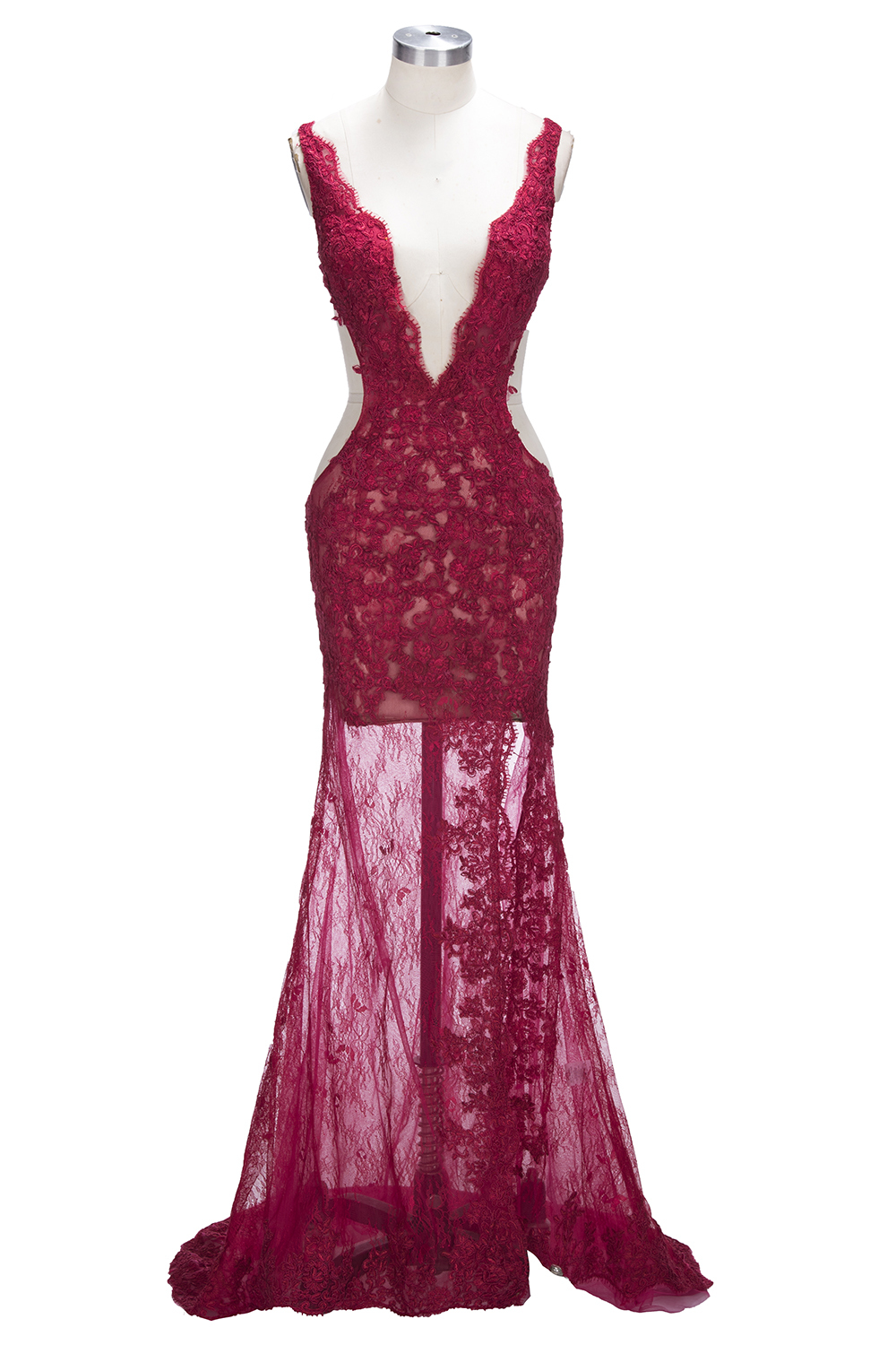 Sexy Long Mermaid Lace V neck Sleeveless Prom Dress with Front Split - YESBABYONLINE