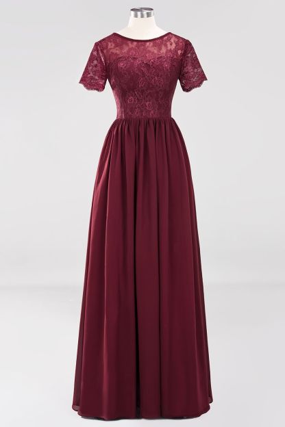 Long A line Lace Floor-length Chiffon Bridesmaid Dress with Sleeves - YESBABYONLINE