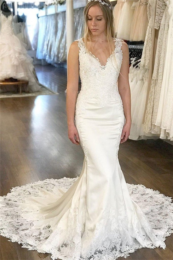 Long V-Neck Tulle Lace Sleeveless Backless Mermaid Wedding Dresses - YESBABYONLINE