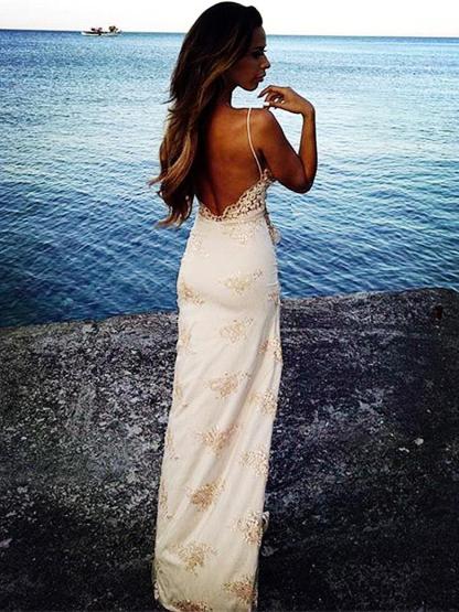 Sexy Long V-neck Spaghetti Straps Lace Mermaid Prom Dress With Split - YESBABYONLINE