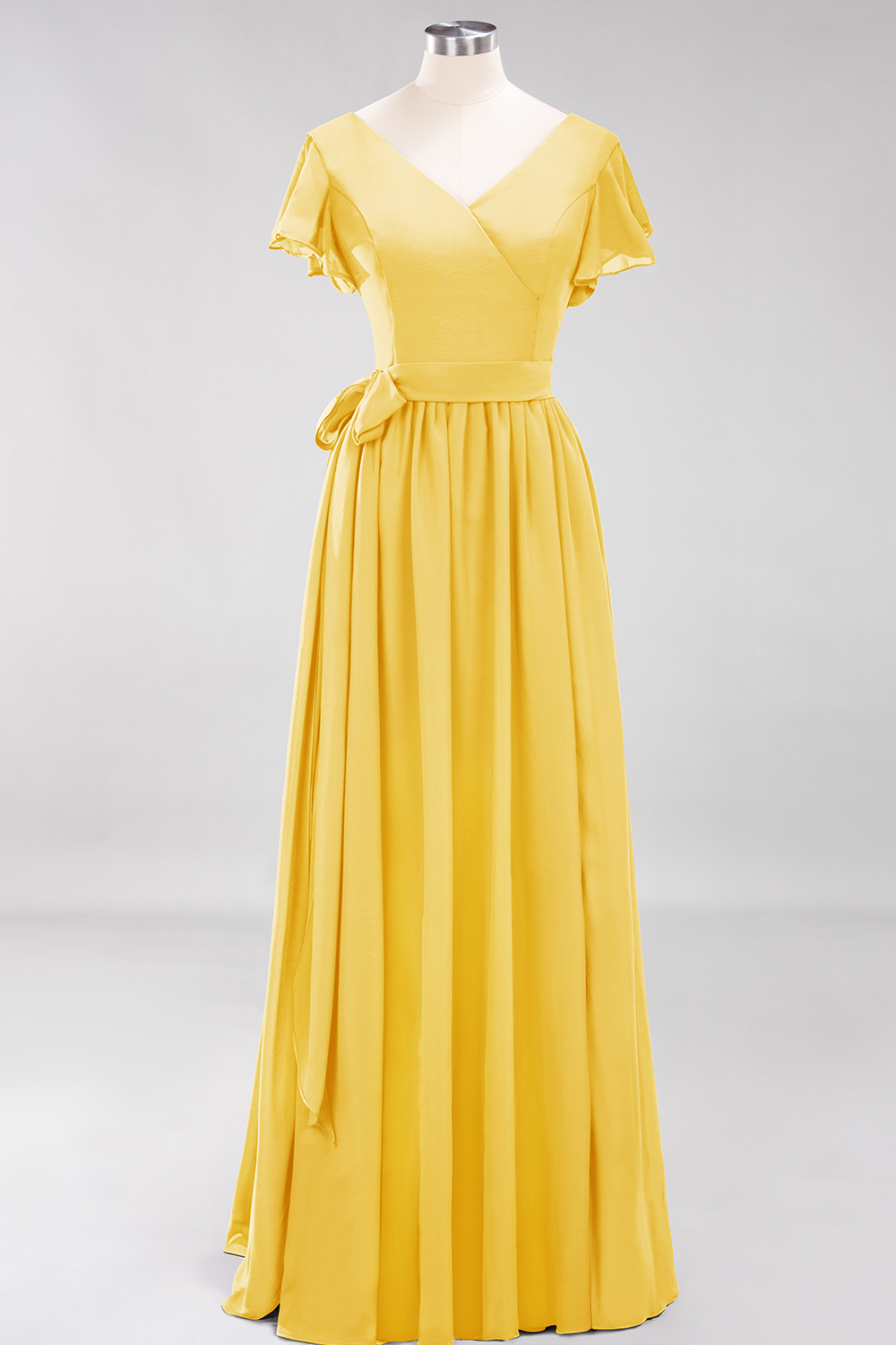 Elegant A-line V-Neck Short Sleeves Floor-Length Bridesmaid Dresses with Bow Sash - YESBABYONLINE