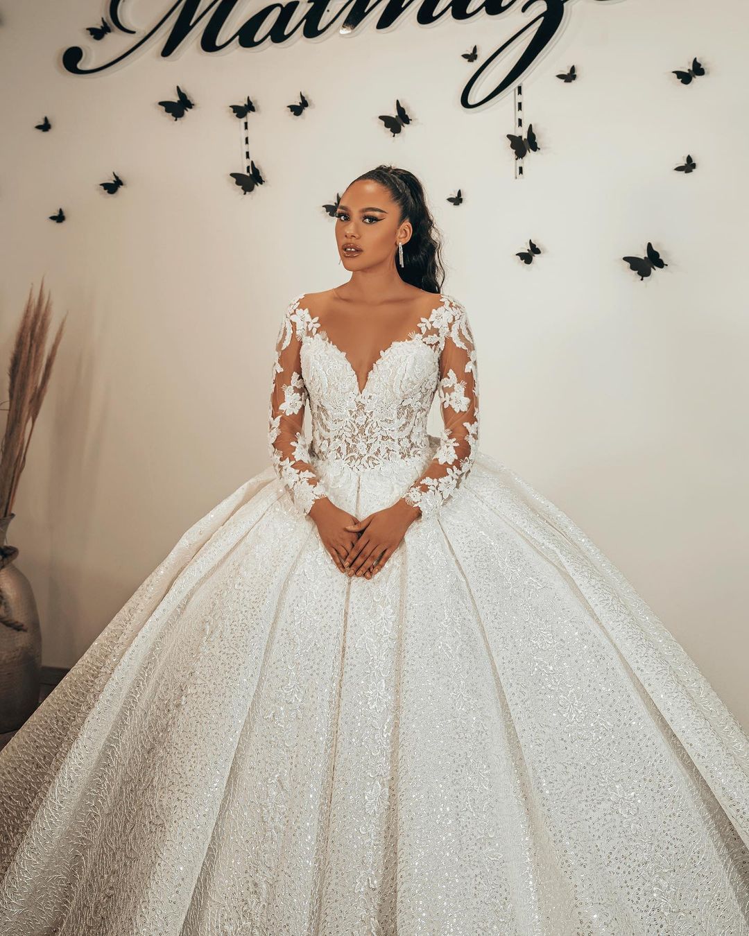 Long Ball Gown Sweetheart Satin Lace Glitter Wedding Dresses with Sleeves - YESBABYONLINE