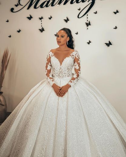 Long Ball Gown Sweetheart Satin Lace Glitter Wedding Dresses with Sleeves - YESBABYONLINE