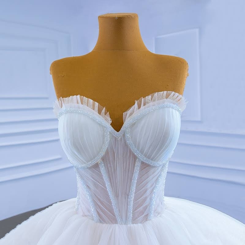 Charming Long Strapless Tulle Floor Length Lace Ball Gown Wedding Dress - YESBABYONLINE