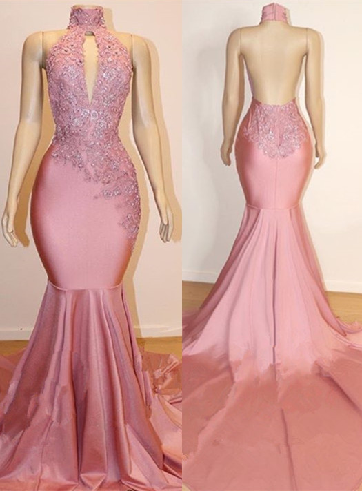 Long Halter Backless Mermaid Appliques Lace Backless Prom Dresses - YESBABYONLINE